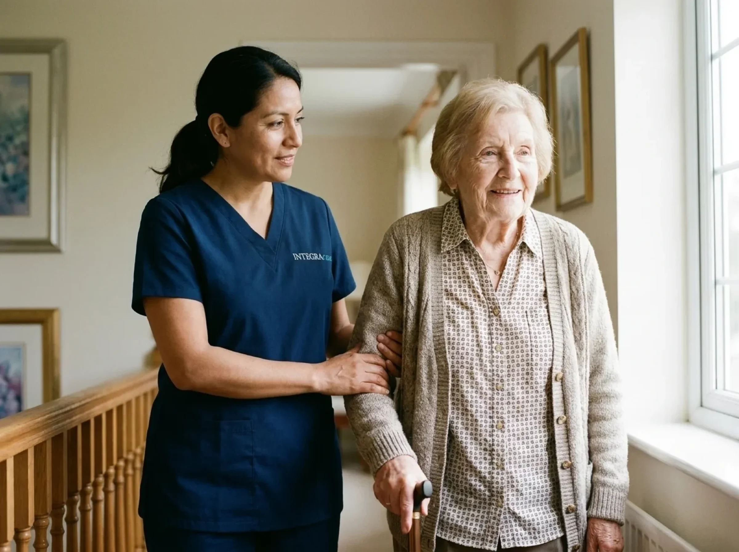 A caregiver steadying an elderly woman as she walks with a cane along the hallway of her home