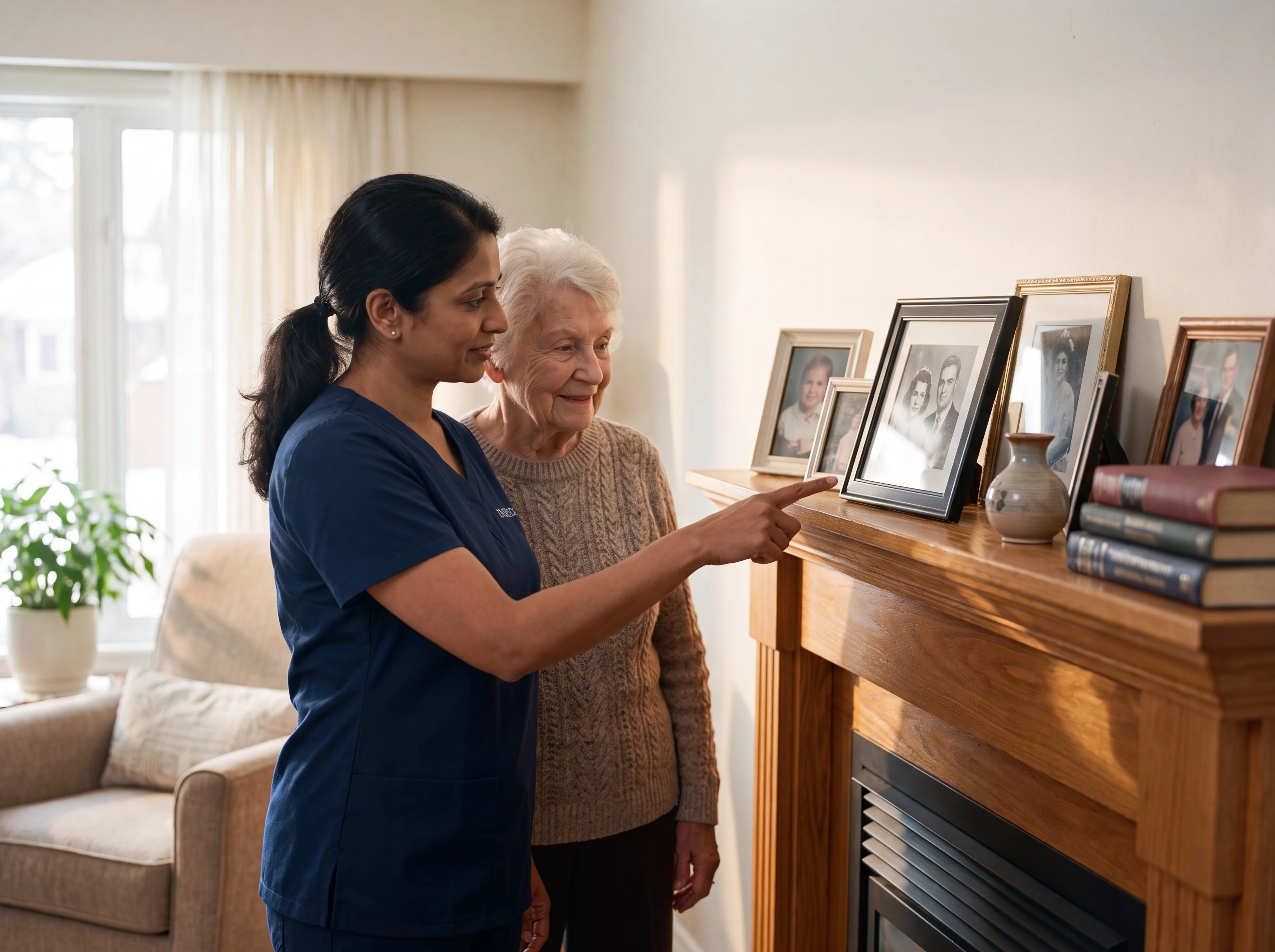 A South Asian female caregiver and an elderly woman sharing a quiet moment beside framed family photographs on a fireplace mantel