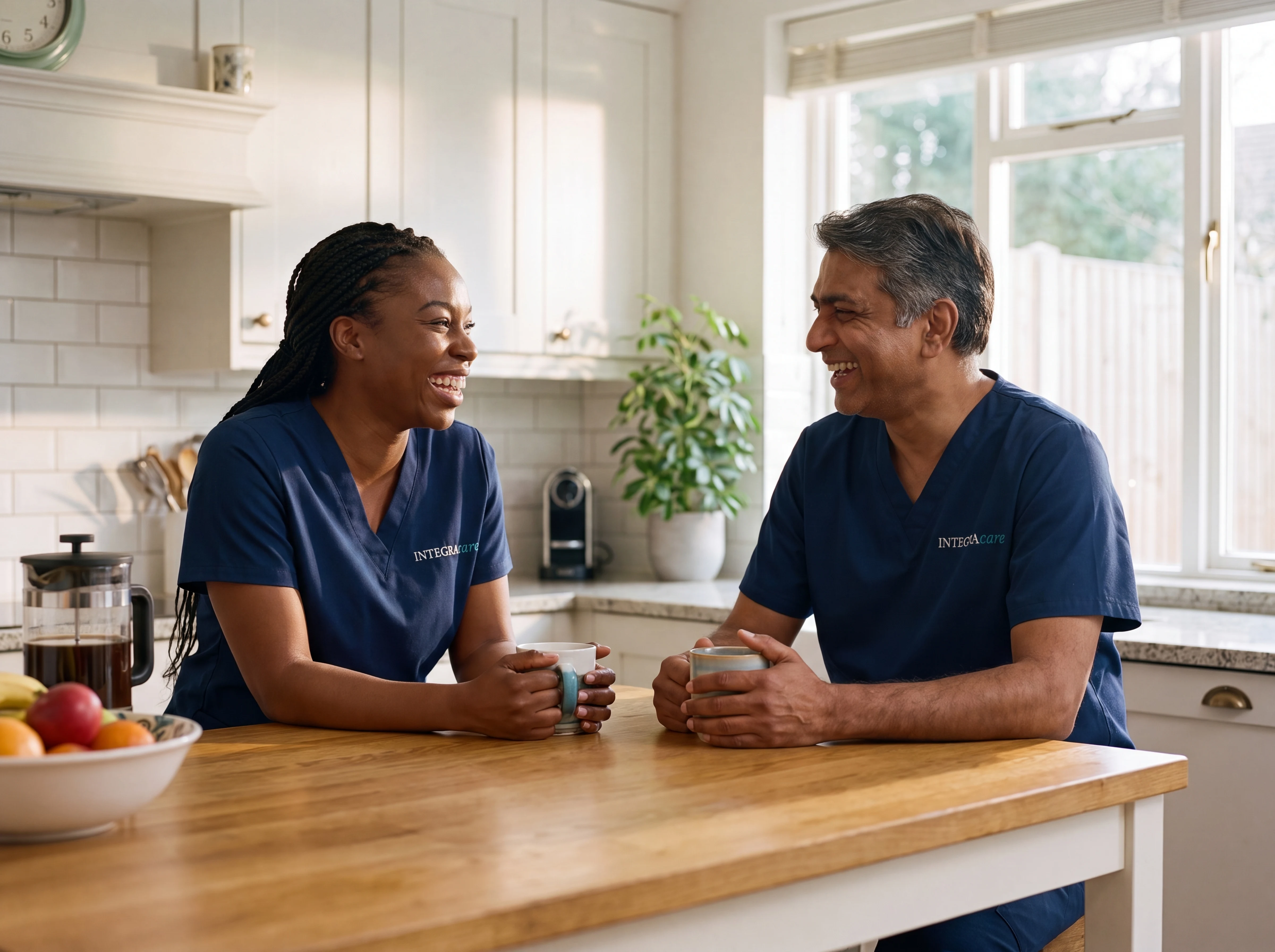 Two caregivers sharing a warm moment during a break in a bright residential kitchen