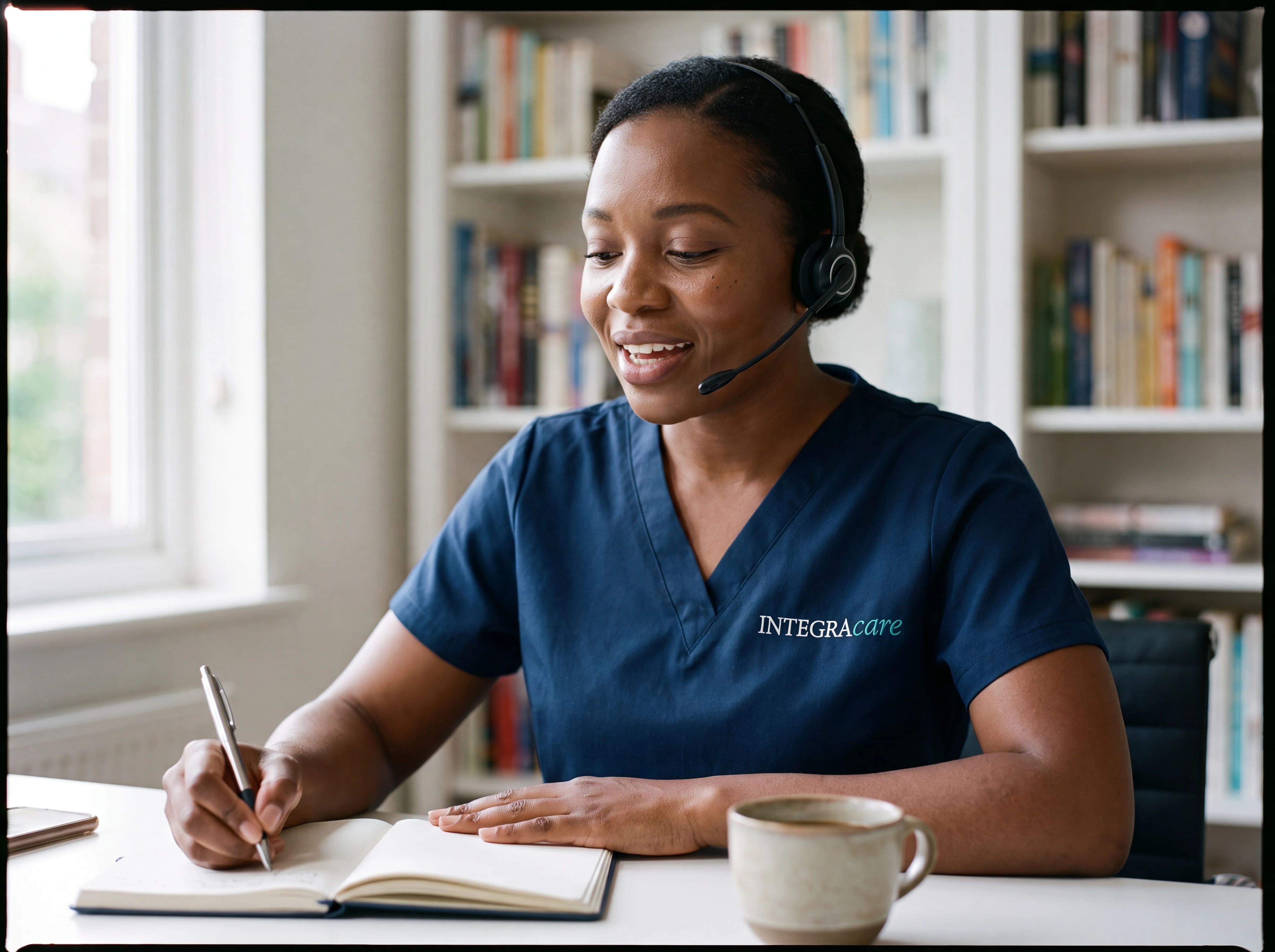 A Black female intake coordinator wearing a headset at a home-office desk, writing in a notebook during a warm call with a client