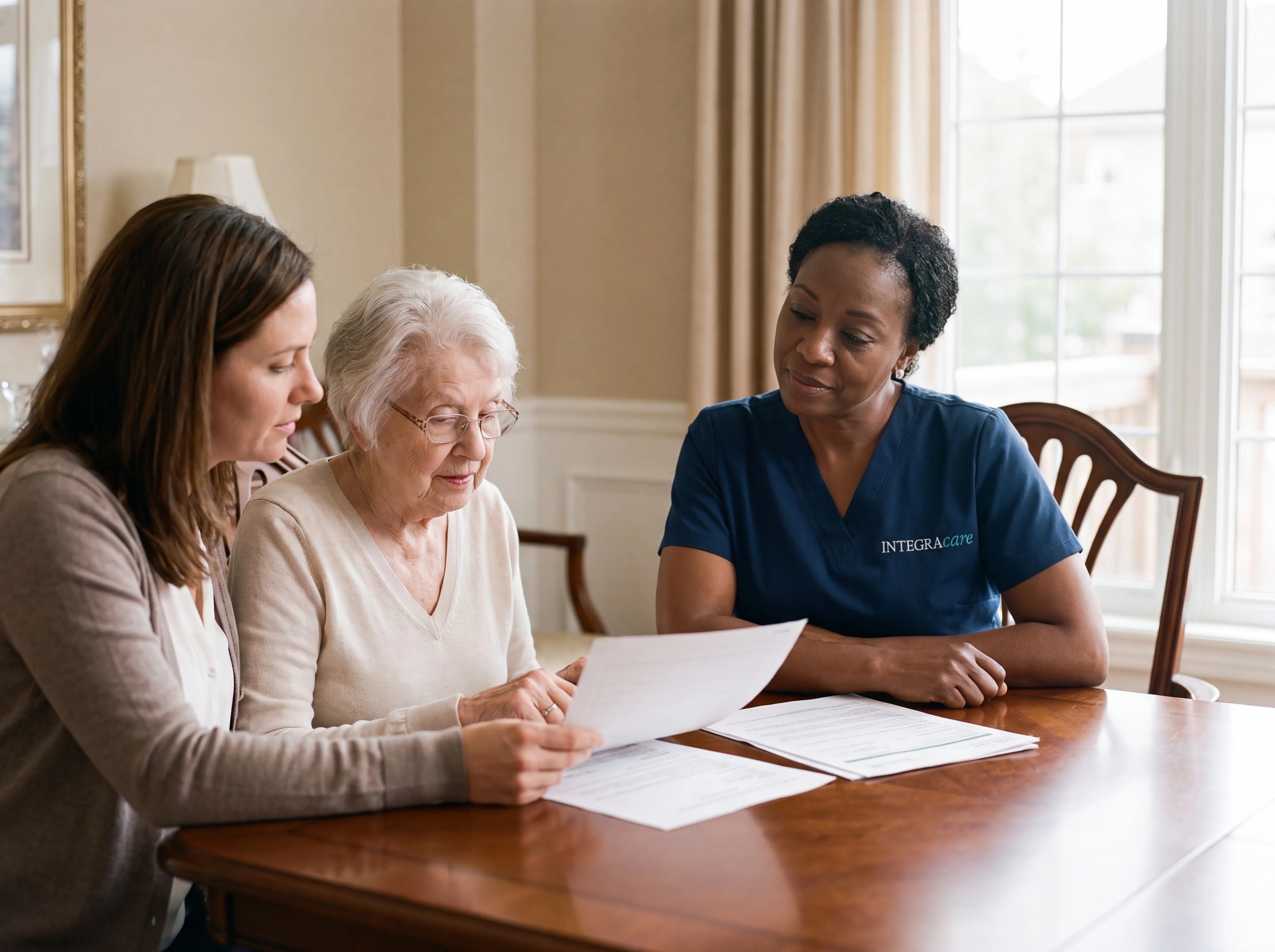 A care coordinator reviewing family-managed home care funding paperwork with an adult daughter and her elderly mother at a dining table