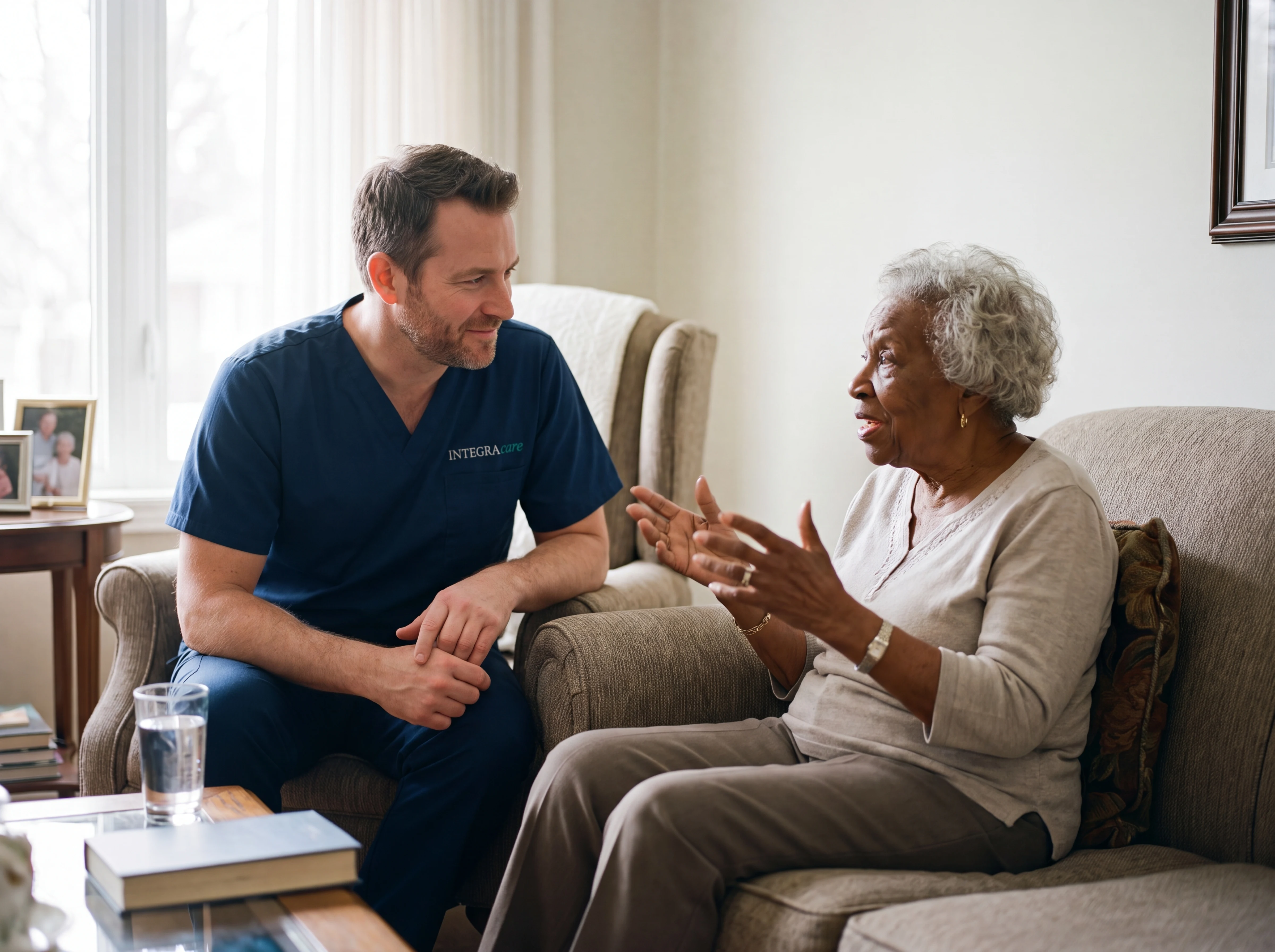 A white male caregiver sitting attentively forward in a chair, listening carefully as an elderly Black woman speaks mid-question