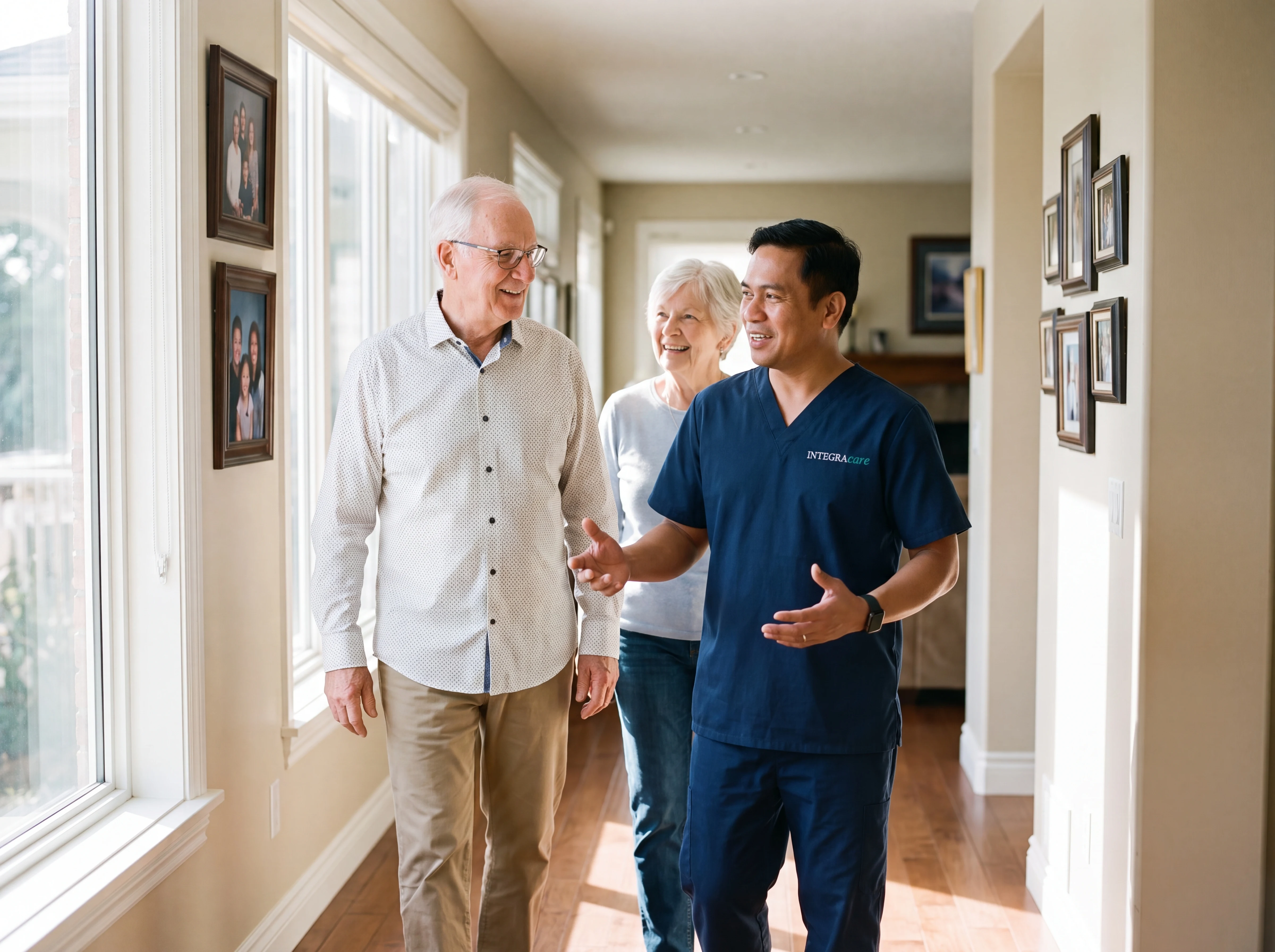 A Filipino male caregiver walking alongside a senior couple in a sunlit hallway, all three relaxed and in conversation