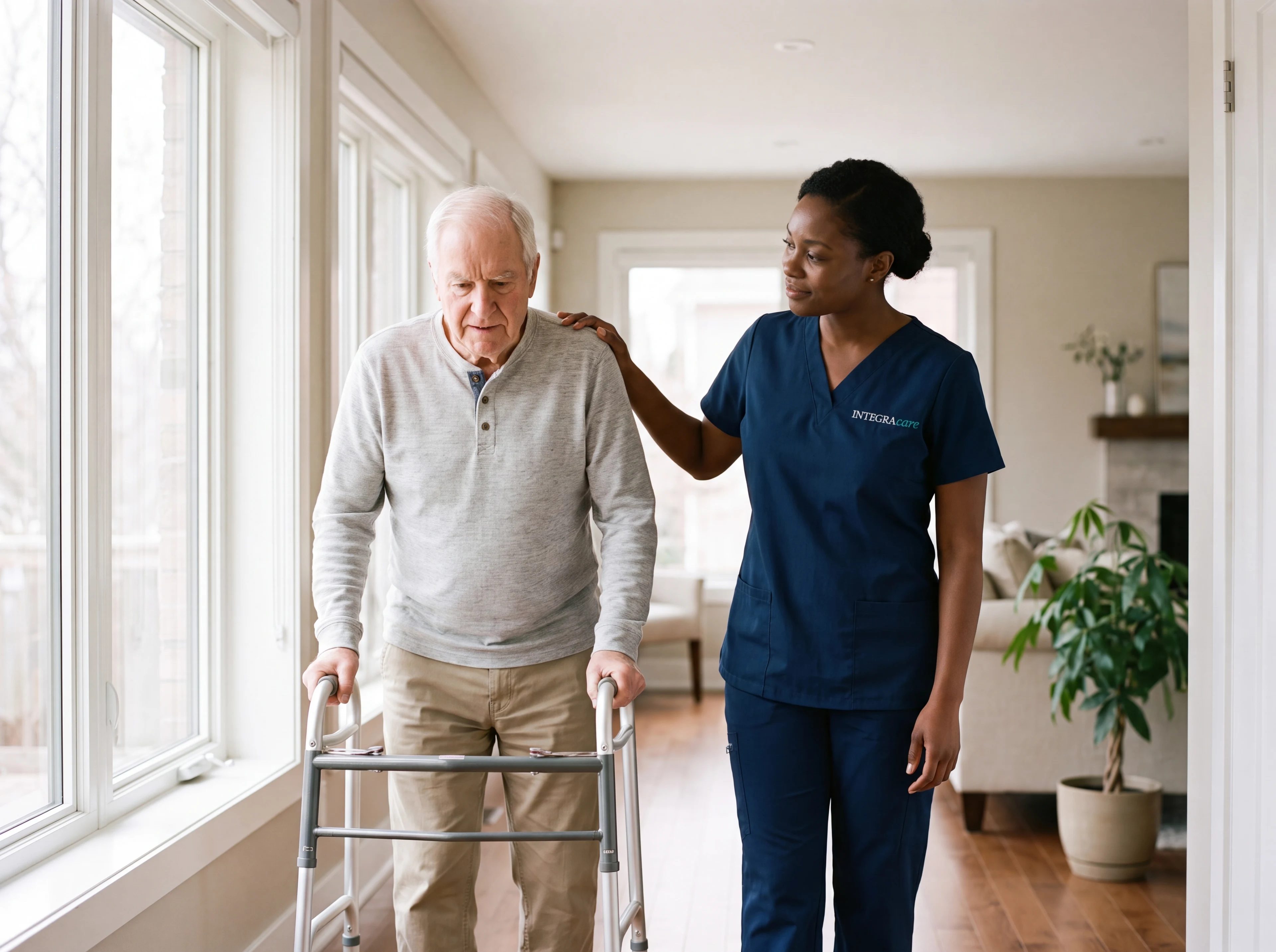 A Guardian caregiver supporting an elderly woman walking at home during stroke recovery