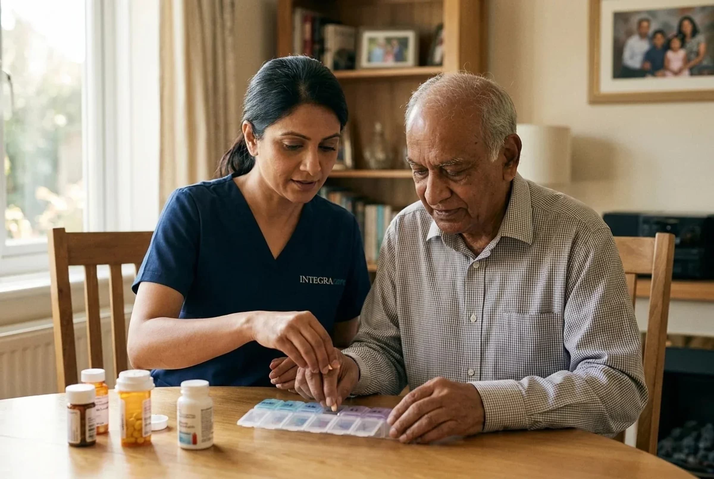 A caregiver helping an elderly man manage medications at a dining table