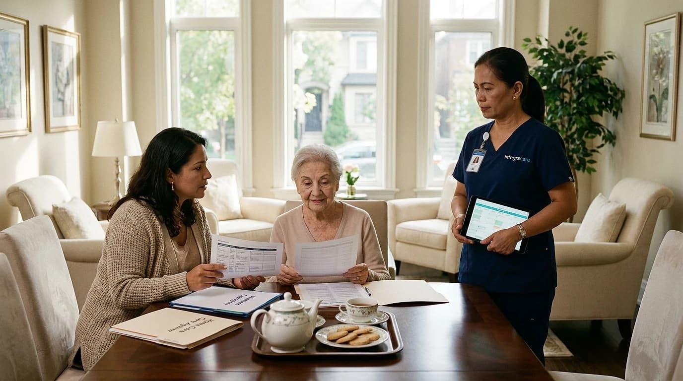 Daughter and elderly mother reviewing private caregiver versus home care agency options at home, with a professional caregiver standing by with a care schedule tablet