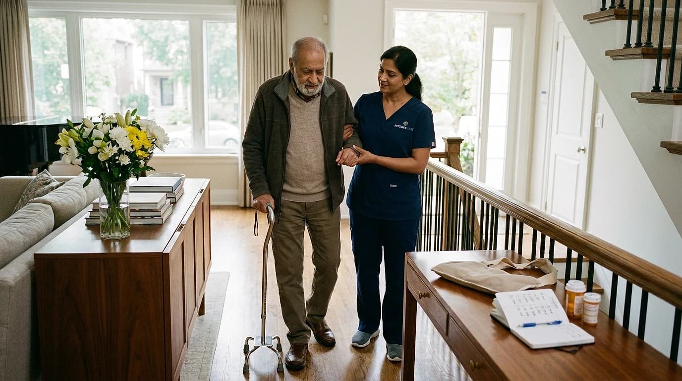 A nurse assists a senior man practicing walking with a cane in a bright, upscale home hallway during stroke recovery.
