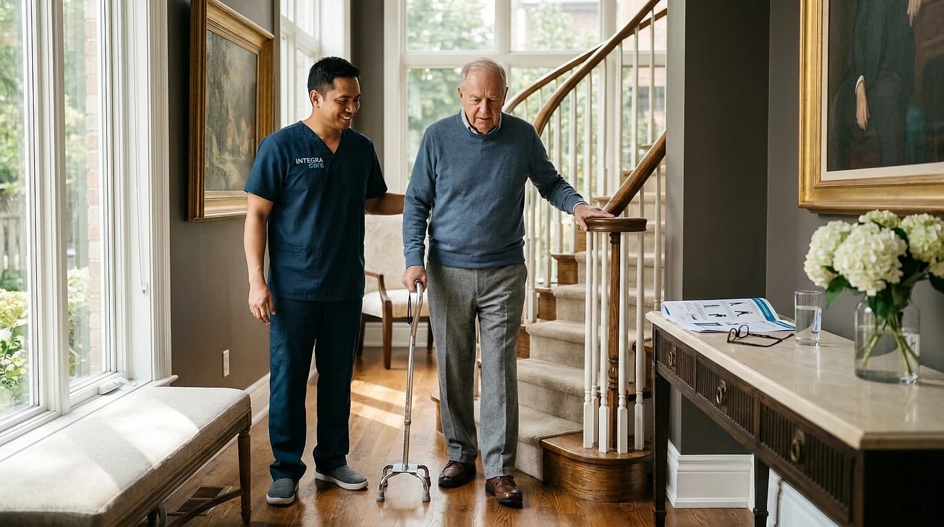 A Filipino male caregiver supports a senior stroke survivor as he practices walking with a cane near a staircase in a bright, upscale home.