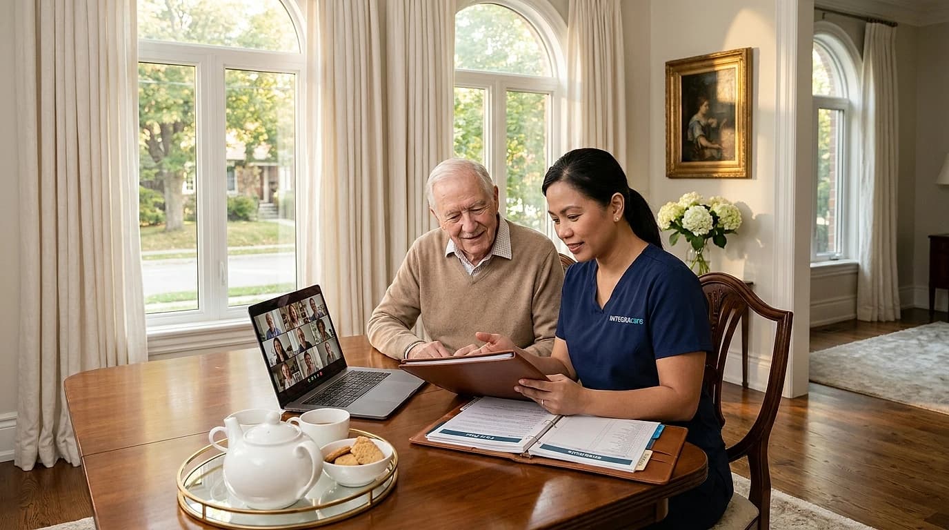 A Filipino caregiver reviews a personalized care plan with an elderly client in an upscale living room, symbolizing trust and quality home care.