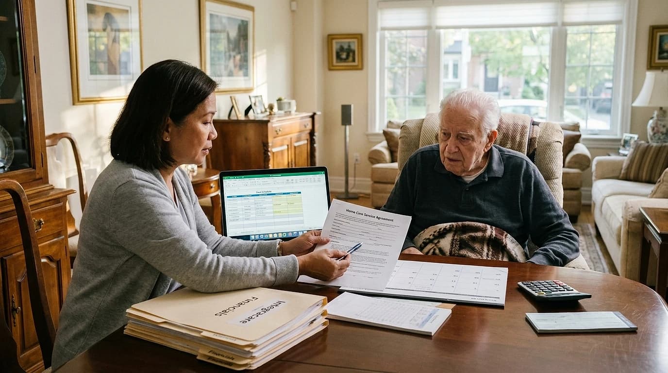 An adult daughter reviews a family-managed home care plan and paperwork with her elderly father in a bright, upscale living room.