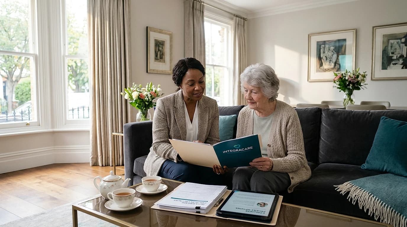 A care provider and a elderly mother review a home care plan together in a bright, upscale living room