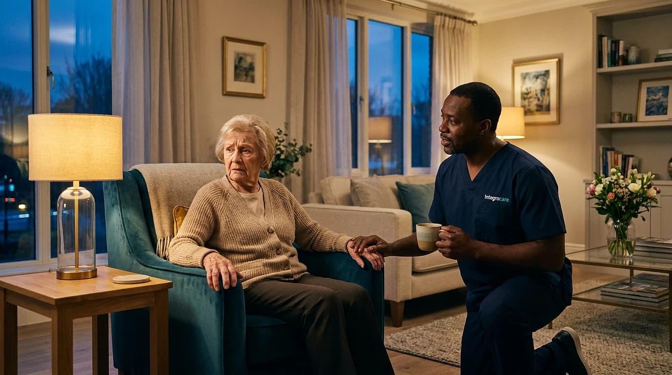 Caregiver calmly reassuring an elderly woman experiencing sundowning confusion in a warmly lit upscale living room at dusk