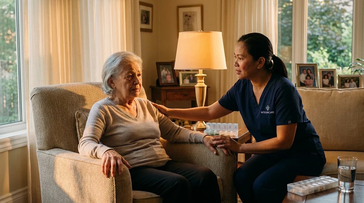 A caregiver comforts a senior woman experiencing sundowning symptoms in a warmly lit upscale living room as evening approaches, with a medication organizer visible nearby.