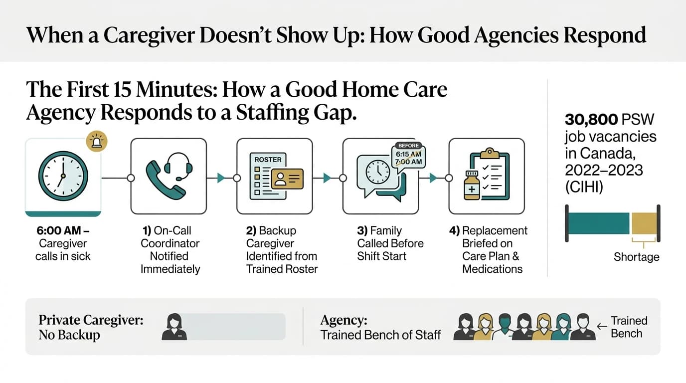 Infographic showing the four-step process a home care agency follows within 15 minutes of a caregiver not showing up, including coordinator notification, backup caregiver assignment, family communication, and care plan briefing, alongside a Canadian PSW staffing shortage statistic.