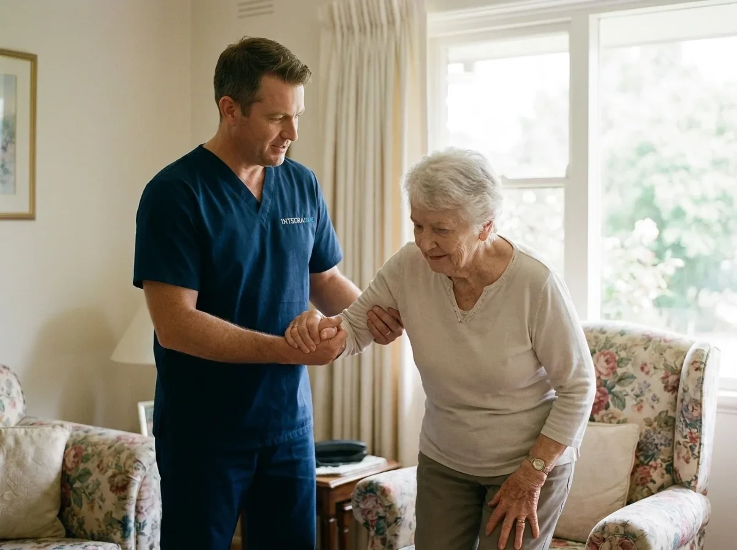 A Guardian caregiver with a stroke survivor at home in Toronto