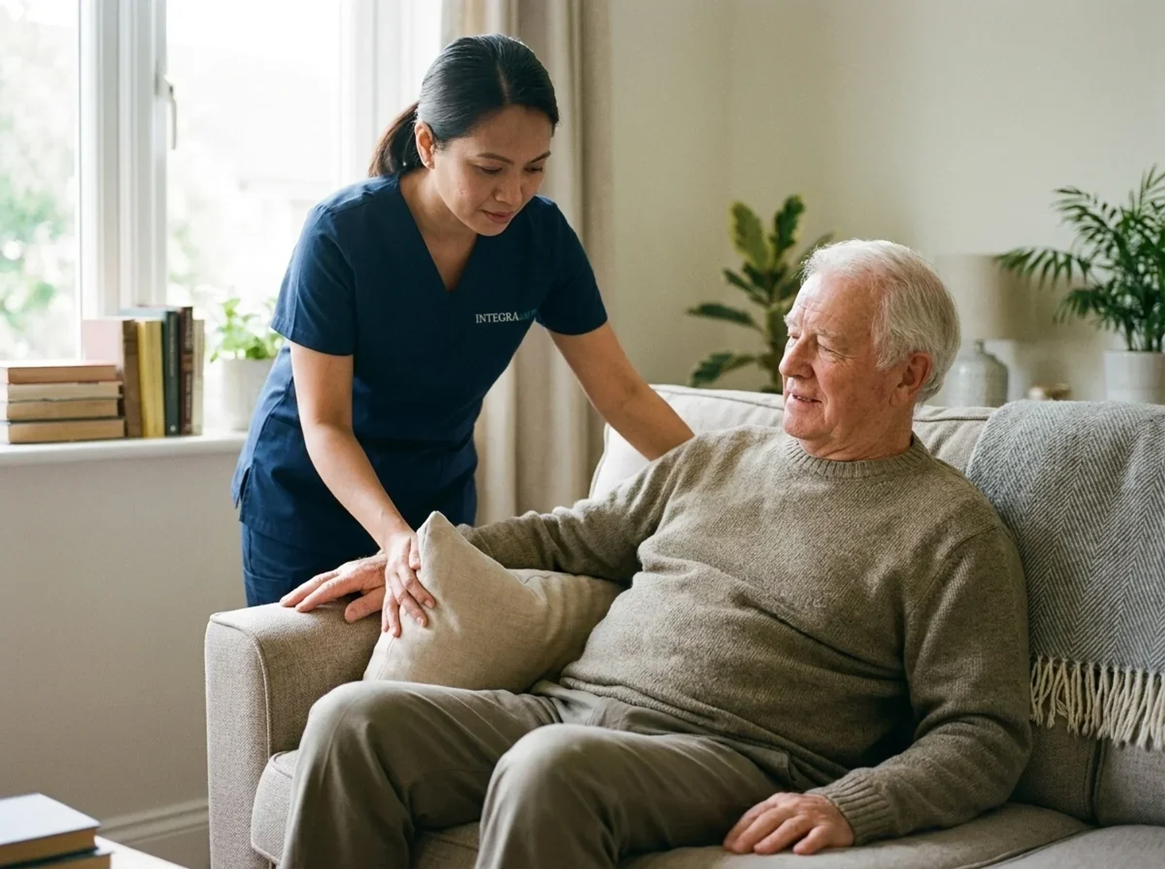 A Guardian caregiver helping a stroke survivor with daily movement at home